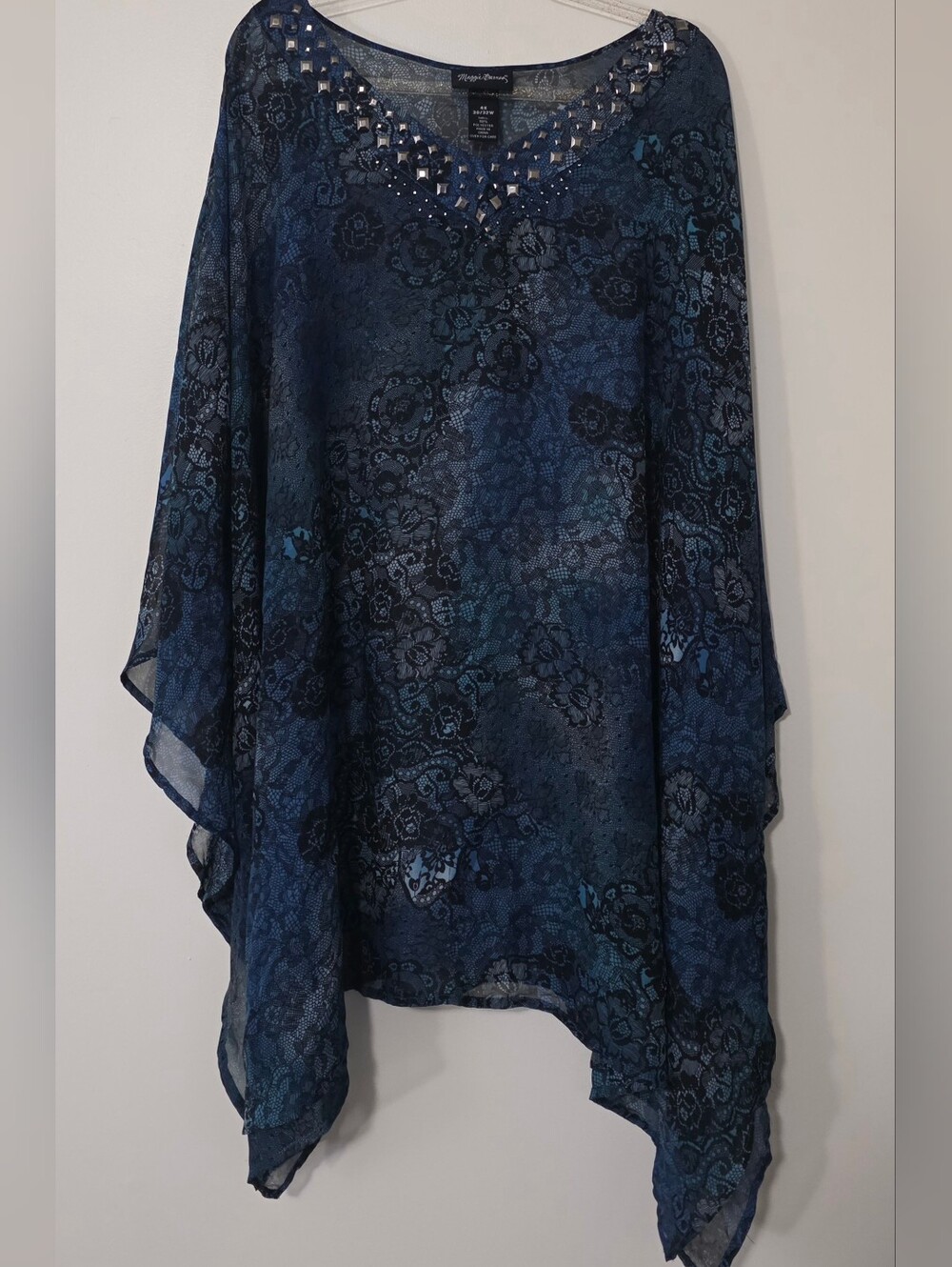 Maggie Barnes Sheer Printed Floral PONCHO Blouse Rhinestone Neckline Boho 4X
